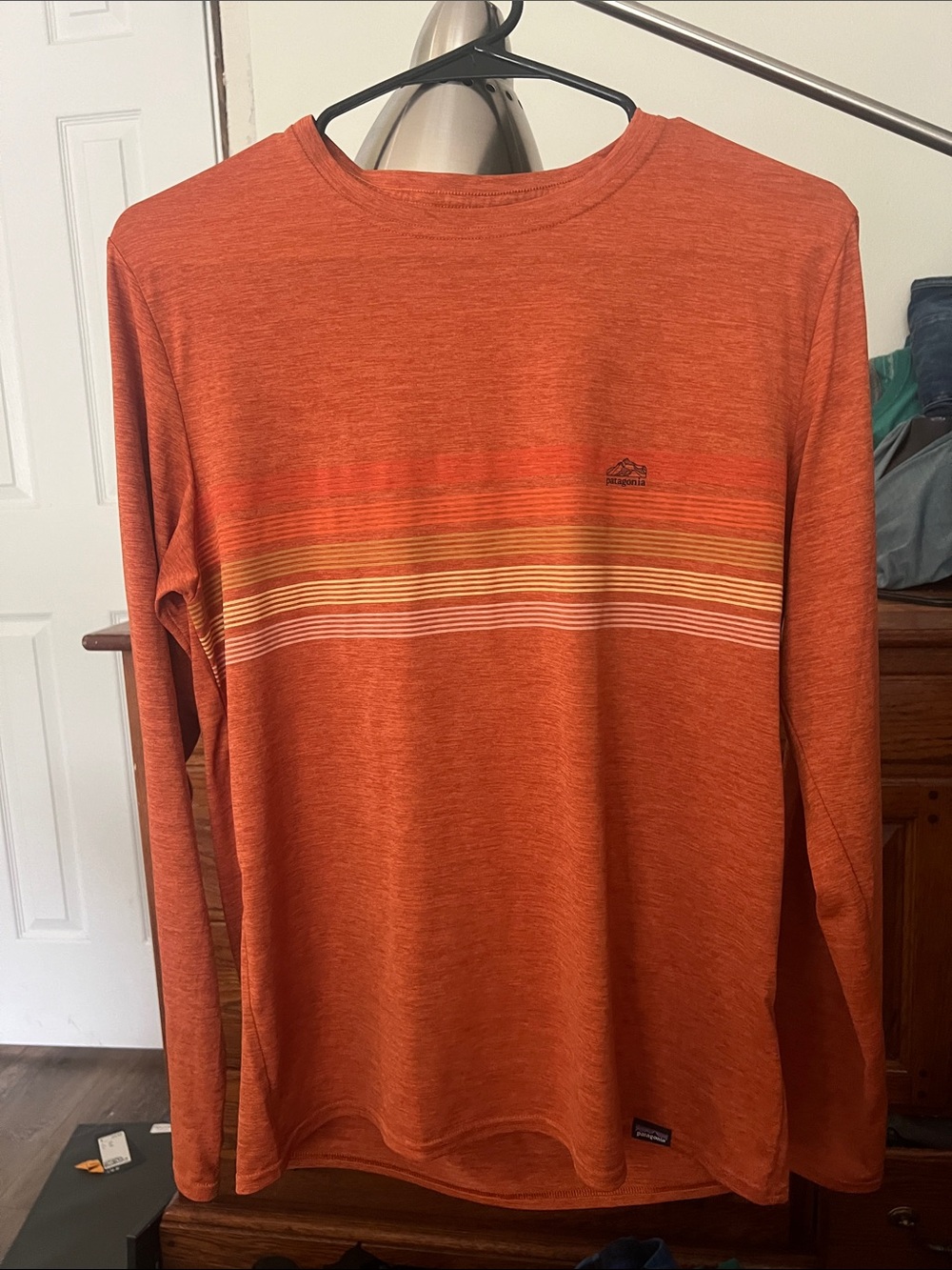 Patagonia Orange Long-Sleeve Crew with Multicolor Chest Stripes